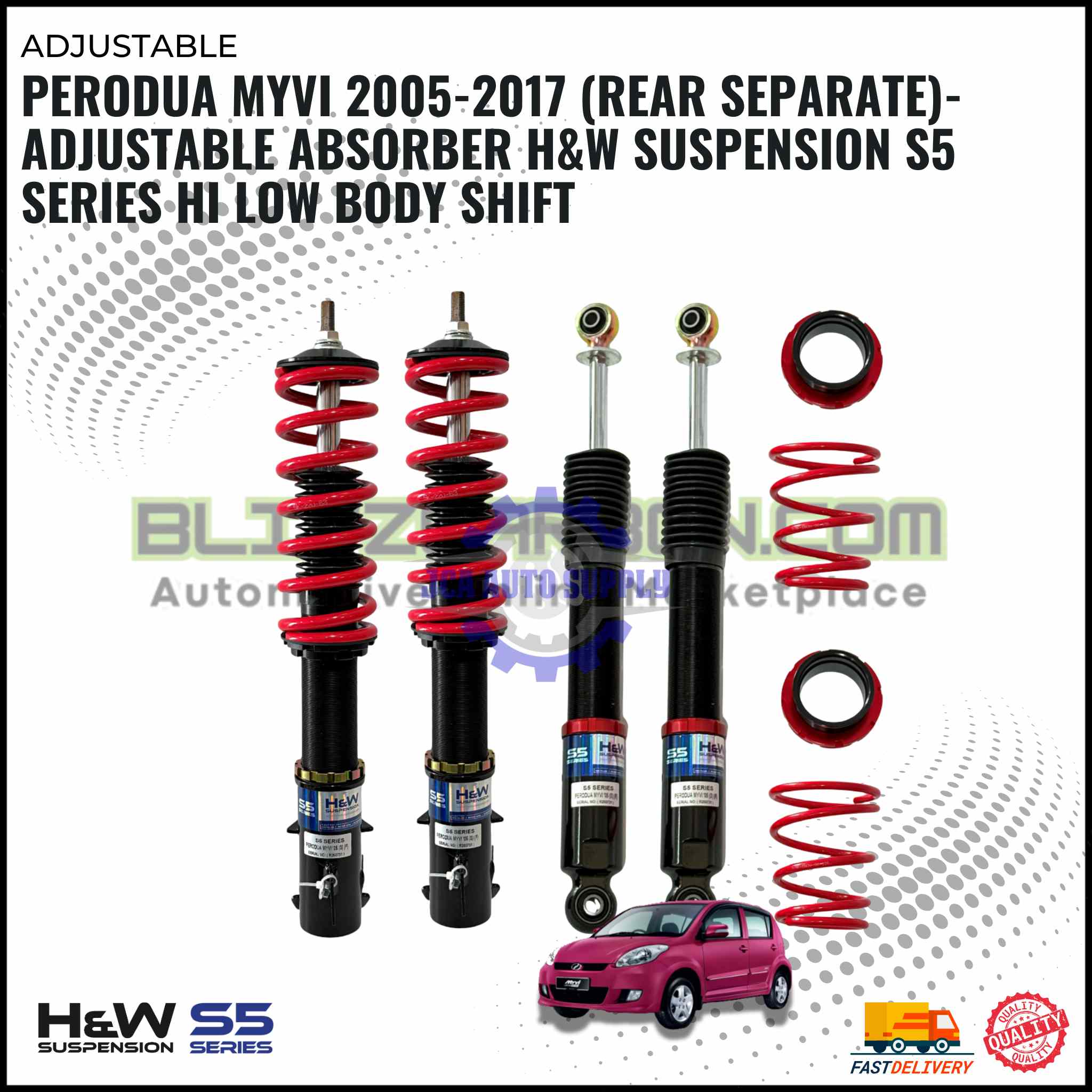 Perodua Myvi 2005-2017 (Rear Separate)-Adjustable Absorber H&W Suspension S5 Series Hi Low Body Shift