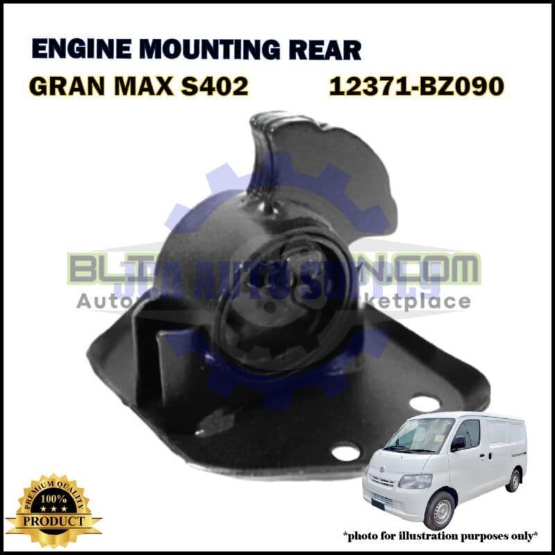 Black rear engine mounting part for Gran Max S402 (part number 12371-BZ090) is displayed with a small image of a white van, and product details shown in text.