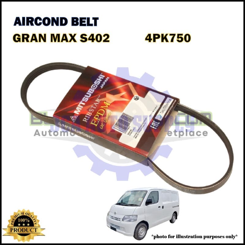 Packaging of an air conditioning belt for Gran Max S402 (4PK750) is shown, with the belt displayed and an image of a white van in the bottom right corner.