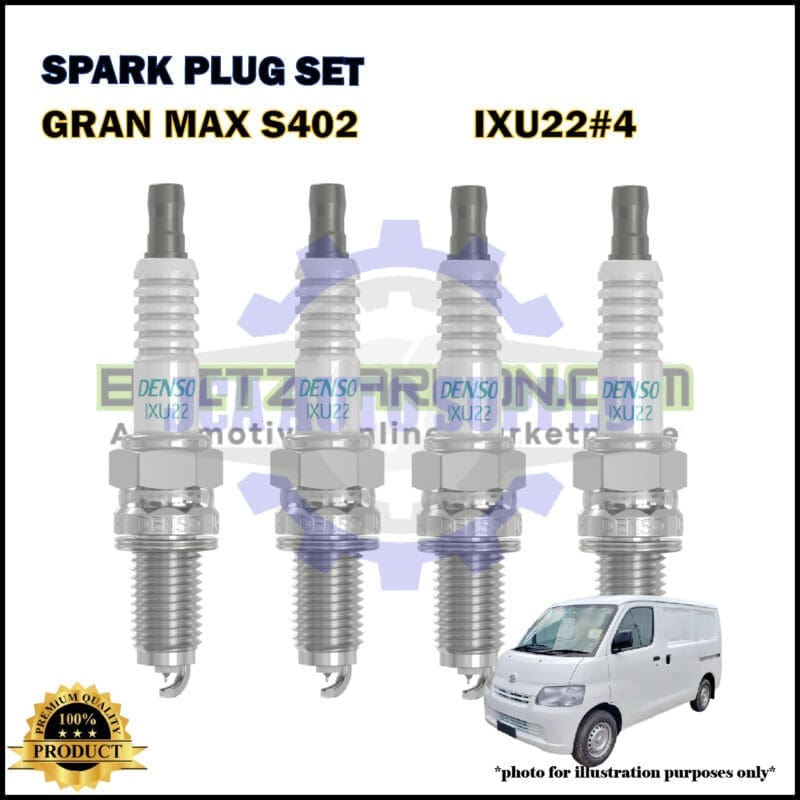 Four Denso IXU22 spark plugs are displayed upright in a row above a white van. Text reads Spark Plug Set Gran Max S402 IXU22#4. Additional graphics include a gold 100% product badge.