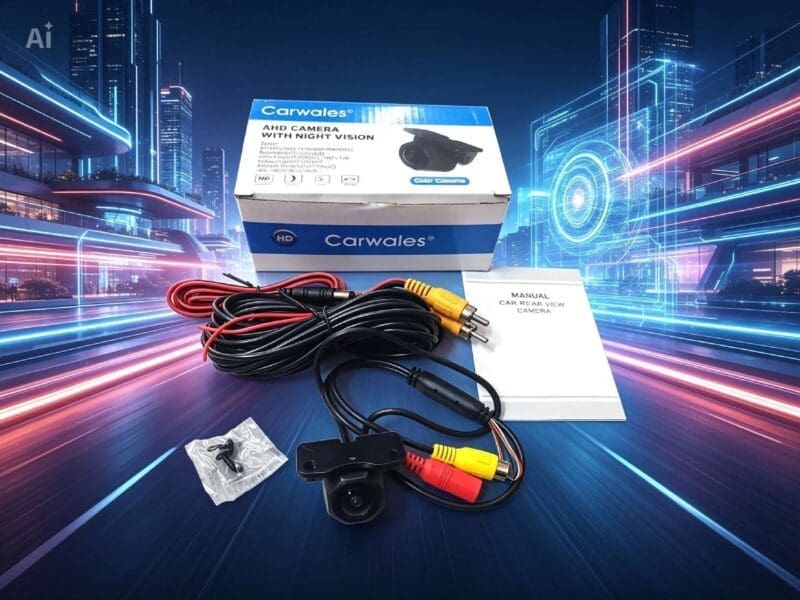 Carwales HD rear view camera with night vision, cables, and manual