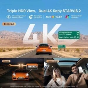Triple HDR View dash cam: front 4K, rear 4K, interior 1080P. Sony STARVIS 2.